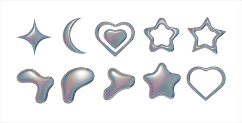 3d liquid metal elements with rainbow refraction in y2k style isolated on transparent background © Cherry