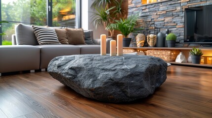   A large rock atop a hardwood floor, adjacent to a living room teeming with furniture and a fireplace