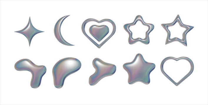 3d liquid metal elements with rainbow refraction in y2k style isolated on transparent background