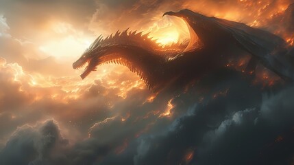 The silhouette of a dragon against a backdrop of billowing clouds, its wings spread wide as it soars effortlessly - obrazy, fototapety, plakaty