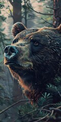 Bear snout, close up, sniffing air, dense forest, twilight 