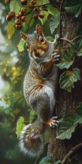 Naklejka na ściany i meble Squirrel on tree, close up, acorn feast, lush green, playful 