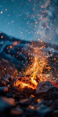 Campfire sparks flying, close up, starry sky above, mountain wilderness