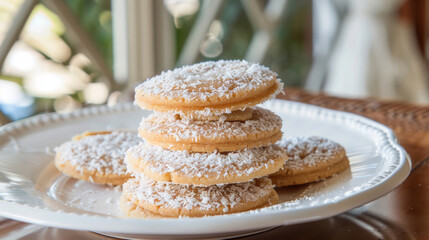 Alfajores with dulce de leche and coconut on a white plate, an argentinian delicacy - obrazy, fototapety, plakaty