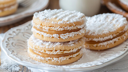 Stack of delicious alfajores, filled with dulce de leche and coated in coconut shavings - obrazy, fototapety, plakaty