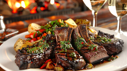 Juicy grilled argentine beef ribs with roasted vegetables and chimichurri on a plate - obrazy, fototapety, plakaty