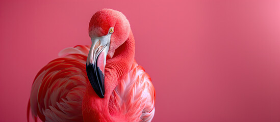 Portrait of cute pink flamingo on the pink background with copy space