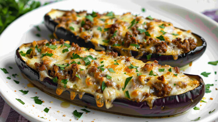 Eggplants stuffed with seasoned ground meat and melted cheese, topped with fresh parsley - obrazy, fototapety, plakaty