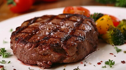 Succulent grilled argentinian steak served with vibrant, fresh vegetables on a plate - obrazy, fototapety, plakaty