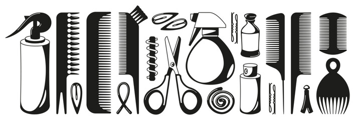 Black hairbrushes. Silhouette of hair styling tools, hairdresser equipment for hair care, salon accessories for hairdresser. Vector collection. Isolated objects for hairstyle and cutting services