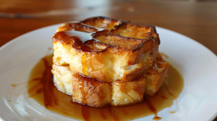 Mouthwatering plate of french toast topped with rich argentinean dulce de leche