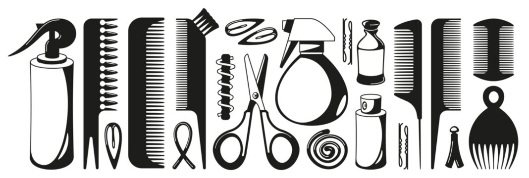 Black hairbrushes. Silhouette of hair styling tools, hairdresser equipment for hair care, salon accessories for hairdresser. Vector collection. Isolated objects for hairstyle and cutting services