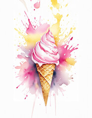 Vibrant watercolor painting of a pink and white swirled ice cream cone, surrounded by colorful splashes of paint - 784502311