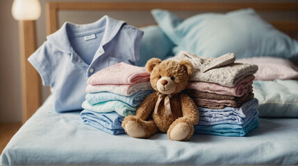 Pile of baby clothes neatly folded and organized on the bed after laundry. Clean cotton baby clothes and teddy bear in kids room