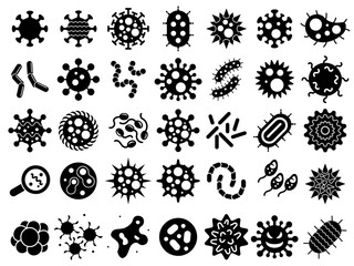 Silhouette set of vector illustrations of simple shapes of various virus icons and pictograms	
