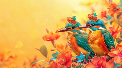 banner background National Bengali New Year (Poila Baisakh) Day theme, and wide copy space, A cute illustration of Bengali birds like the kingfisher or magpie