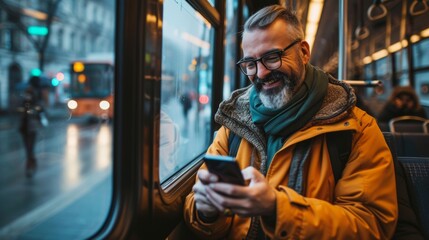Happy man text messaging on cell phone in bus