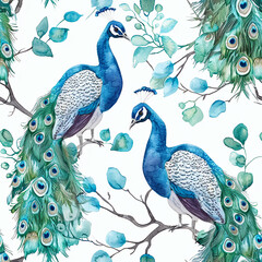 watercolor seamless pattern with peacocks in the garden. elegant print on white background