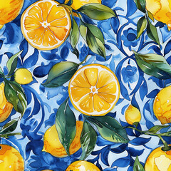 watercolor seamless pattern with lemons and blue patterns. vintage print - obrazy, fototapety, plakaty