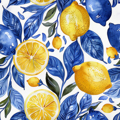 watercolor seamless pattern with lemons and blue patterns. vintage print