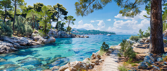 Picturesque Croatian Coastline with Turquoise Waters and Lush Greenery, Perfect for Scenic Tours - obrazy, fototapety, plakaty