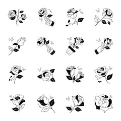 Beautiful Collection of Rose Flowers Hand Drawn Icons 

