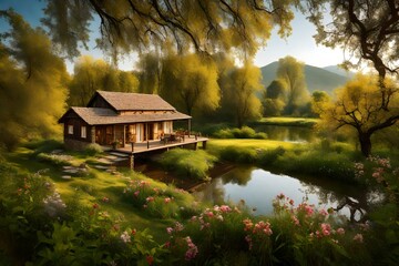 Fototapeta premium a tranquil riverside cottage, adorned by the picturesque beauty of blooming trees and vibrant wildflowers.