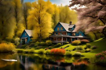 an inviting riverside home framed by the picturesque hues of blossoming trees and a burst of seasonal wildflowers.