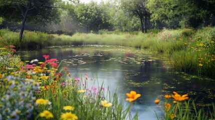 Fototapeta premium tranquil pond surrounded by colorful wildflowers