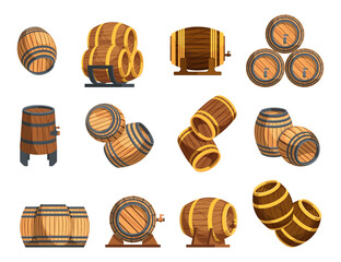 Wooden cask and barrels. Wine keg and beer barrel, wooden container for alcohol storage, timber vessel for wine brewing. Vector set