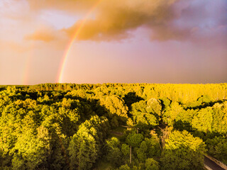 Rainbow over forest area, Poland. Aerial view - 784503575