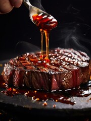 Steak drizzled with barbecue sauce