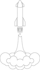 Taking off starship - vector linear picture for coloring. The rocket takes off in a cloud of smoke and dust. Outline. Spaceship - space transport.