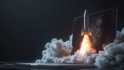 Laptop with rocket coming out of the screen on dark background - obrazy, fototapety, plakaty