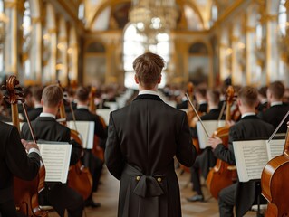 A conductor stands in front of a large group of musicians, all dressed in black. The conductor is holding a baton, and the musicians are holding their instruments - obrazy, fototapety, plakaty