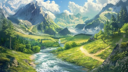  river winding through a peaceful valley - obrazy, fototapety, plakaty