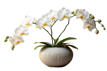 White orchids in a tall white vase Set against a white background, viewed from a low angle, light and shadow fall beautifully - isolated on a transparent background.