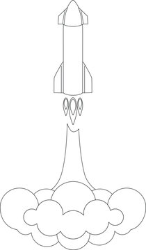 Taking off starship - vector linear picture for coloring. The rocket takes off in a cloud of smoke and dust. Outline. Spaceship - space transport.