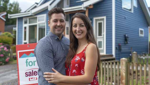 A photo of a happy young couple in front of their new house with a "for sale" sign