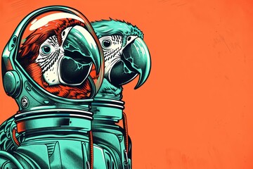 Parrots in tiny space helmets chatter away, their colorful feathers stark against the sterile suits, viewed in vibrant closeup