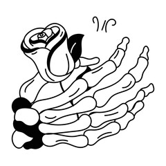 Skeleton hand holding rose, doodle icon 