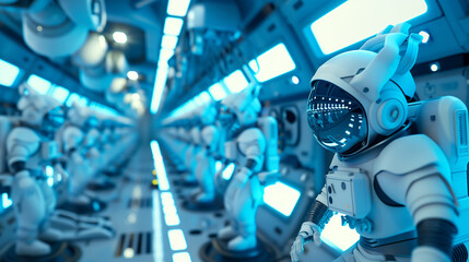 Animated 3D space station, cartoon astronauts, soft blue hues, wide shot, zero gravity effect