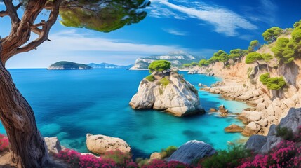 Bright spring view of the Cameo Island. Picturesque morning scene on the Port Sostis, Zakinthos island, Greece, Europe. Beauty of nature concept background. - obrazy, fototapety, plakaty