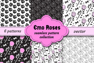Cute emo roses black and white seamless pattern y2k, Hand drawn girly style. Vector illustration