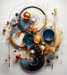 Abstract Geometric Composition with Spheres and Circuits in Gold and Navy.