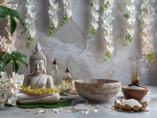 Decorative scene for Buddha bathing traditional garlands