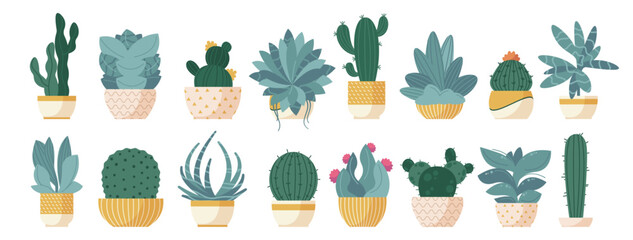 Succulent in flowerpot. Cartoon cactus in pots with flowers, green desert plants in vintage containers for home decor. Vector isolated set