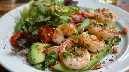 Plated argentinian salad featuring shrimp, avocado, and cherry tomatoes - obrazy, fototapety, plakaty