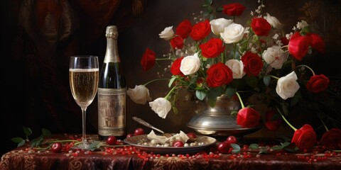 Elegant still life with champagne and roses in a classic style