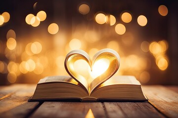 Open book with heart-shaped pages and warm backlight book, - obrazy, fototapety, plakaty